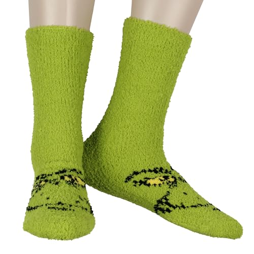 MJC Dr. Seuss The Grinch Adult Unisex Fuzzy Grinch Face Gripper Slipper Socks OSFM, Green