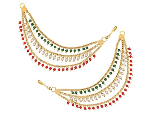Ervio Champaswaralu Style Pearl Hair Chain Jhumka Earrings for Women & Girls | 3 Layer Ear Chain for Bridal Look | Gold Plated Kanoti with Moti | Traditional Jewellery