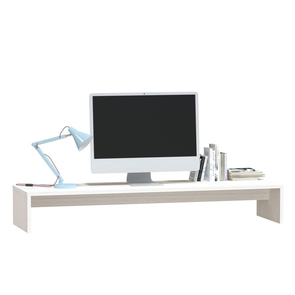 Supporto per monitor in legno di pino massiccio, bianco, 100 x 27 x 15 cm, supporto per monitor da scrivania, ripiano per tastiera, home office, gaming, ergonomico, posto di lavoro, ufficio