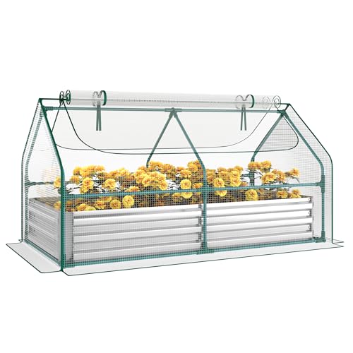 Miory Raised Garden Bed with PE Cover 6x3x1 FT Galvanized Planter Box Outdoor with Greenhouse Cover 2 Large Zippered Screen Windows for Vegetables Flowers Includes Labels & Gloves