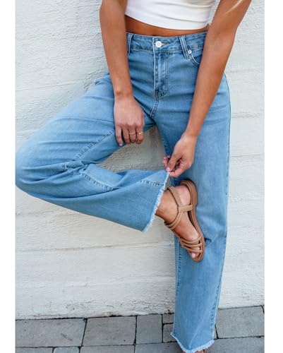 Vetinee Baggy Jeans Damen Straight Leg High Waist Ausgefranster Saum Stretch Jeans – Bild 6