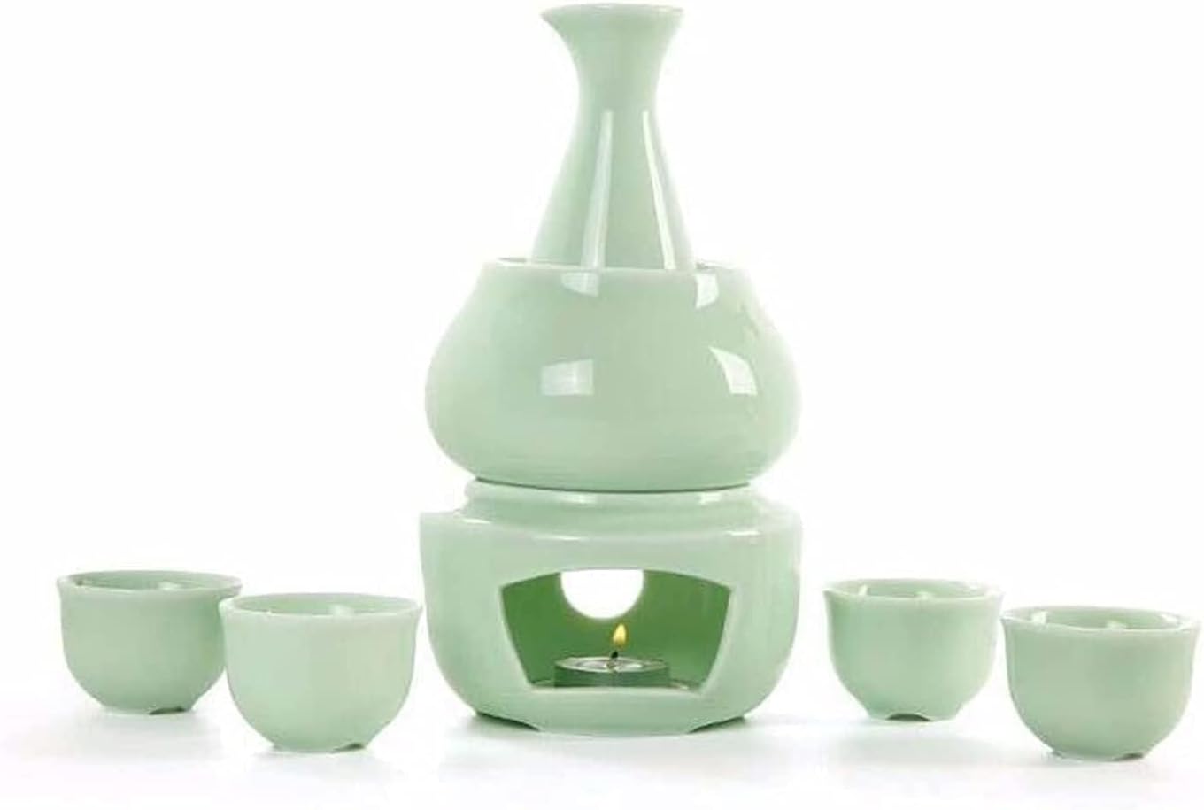 Celadon Wine Set, Porcelain Jug & Wine Warmer, 1 Wine Bottle (190ml), 4 Wine Glasses, Traditional Glaze, Elegant Gift Set