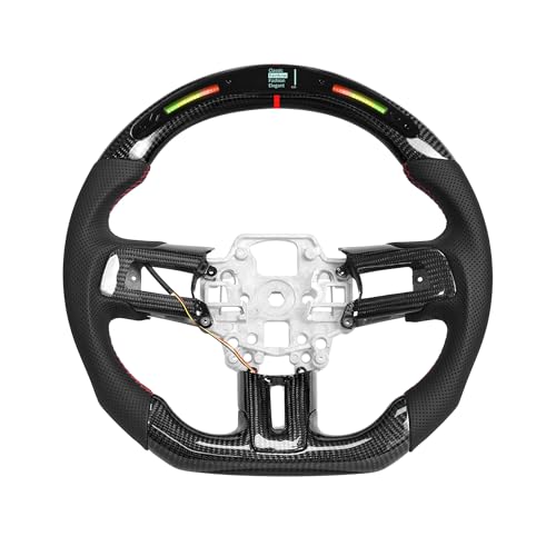 LFEVOCSI Carbon Fiber Steering Wheel for Mustang EcoBoost/GT/Shelby GT350/GT350R 2018-2023, LED Shift Indicator Racing Display, D-shaped Flat-bottom Perforated Leather Grip with Replacement Trim