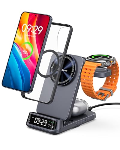 Magnetic Wireless Charging Station for Samsung, 3-in-1 Foldable Fast Charger for Galaxy S25/S24/S23/Z Fold & Flip 7/6/5, Galaxy Watch 8/7/6/5 Pro/Ultra & Buds, SwanScout 708SM (Need Magnetic Case)