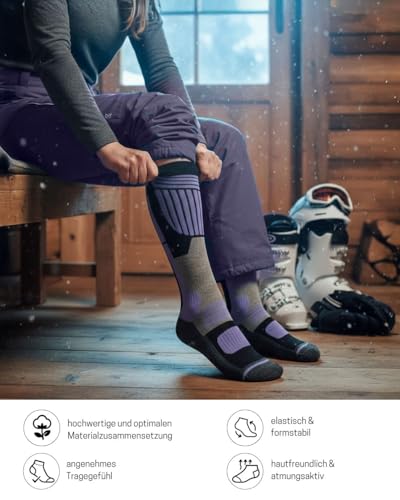 sockenkauf24 Damen Merino Skisocken 35-38 (2 Paar) Thermo Winter Kniestrümpfe mit Polsterung für Ski und Snowboard (Schwarz/Lila)