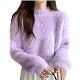 [1/2plus] ニブンノイチプラス セーター ニット ショート 丈 モヘア ファジー もこもこ ふわふわ シャギー ラウンド 丸首 レディース (紫.M)