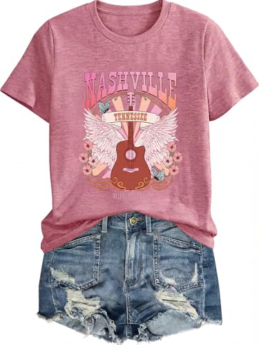 Nashville Music City Tshirt Women Country Music Shirt Concert Outfits Vintage Rock Band T-Shirts Guitar Wings Graphic Tees Pink