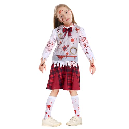 SUBRINGE Disfraz Colegiala Zombie Halloween para Niños con Disfraz Halloween Niña, Calcetines, Pegatinas Tatuajes Sangrientos, Disfraces Estudiante Animadora Zombie para Carnaval (S)