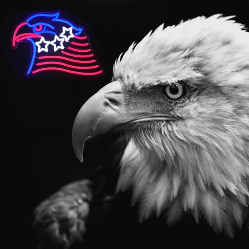 Image of Patriotic Eagle Flag Neon Sign USA Stars and Stripes Light for Wall Decor | Dimmable 4th of July Neon Sign, Acrylic Eagle LED Neon Lights for Bedroom, USB Powered, Memorial Day American Eagle Day Decor
