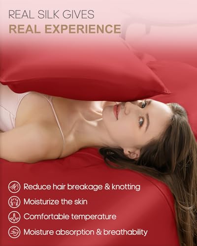 Image of THXSILK Set of 2 100% Pure Mulberry Silk Pillowcases for Hair and Skin, 22 Momme Zipper Silk Pillow Case Standard Size, Real Silk Pillowcases with Zipper (Red, King 20 inchx36 inch)