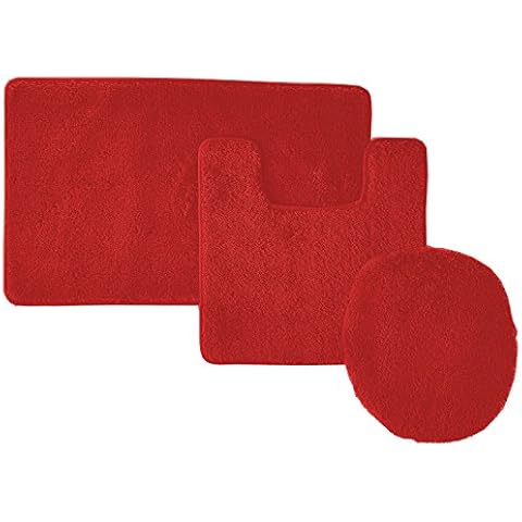 Empire Furniture USA 3-Piece Hailey Solid Bathroom Set Bath Mat Contour Rug Toilet Lid Cover (Red) Cover