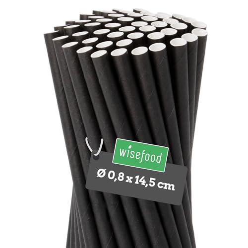 Wisefood® Strohhalme Papier [15 cm Ø 8] Party Deko [Schwarz] alternative Strohhalme Plastik-frei für Geburtstag Hochzeit DIY [100 Stk.] für Cocktail Getränke Cola Energy Drink Wasser Limo BIO