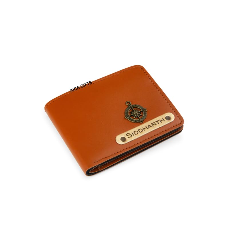AICA Personalized Name & Charm Leather Mens Wallet (TanBrown)| Customize Combo Corporate Office Gifts for Men Staff Employees Clients Colleagues Friend