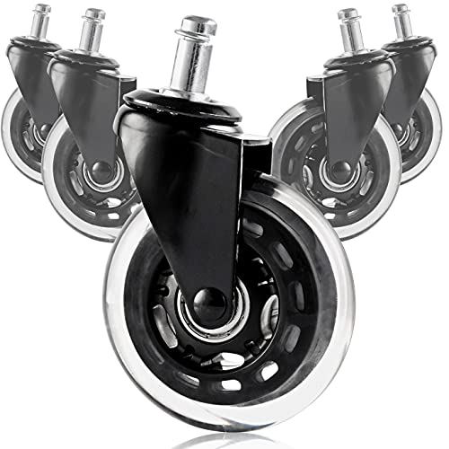 Asani Replacement Caster Wheels with Noise-Free Bearings (3”) | 650lb Load Capacity | Protects Floors & Carpets | Smooth Rollerblade Casters for Office & Executive Chairs (Set of 5) (Black)