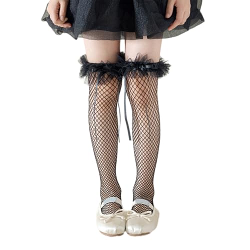 Sweet Ruffle Knee Length Socks Children's Lace Stockings with Bowknot Trim for Girls Parties and Everyday Wear