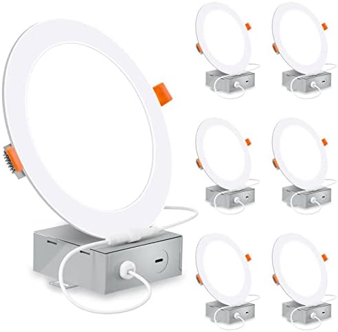 6 Inch Ultra-Thin LED Recessed Lighting with Junction Box, 4000K Cool White Canless Downlight, 12W=110W Eqv, Dimmable LED Ceiling Lights, 850LM, ETL Certified, 6 Pack