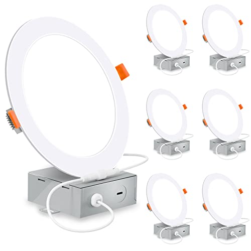 6 Inch Ultra-Thin Led Recessed Lighting With Junction Box, 4000K Cool White Canless Downlight, 12W=110W Eqv, Dimmable Led Ceiling Lights, 850Lm, Etl Certified, 6 Pack #TOP13