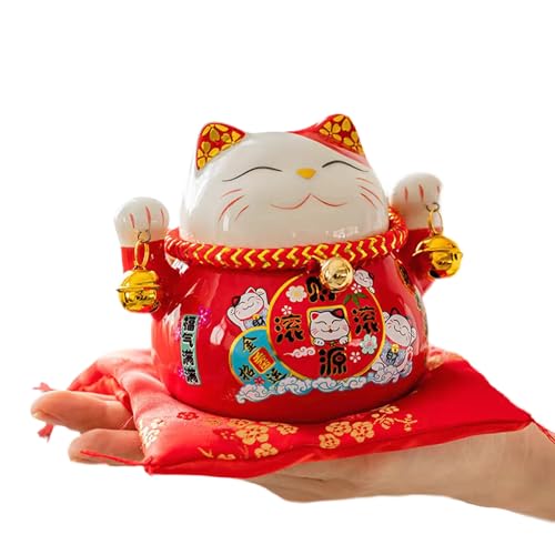 Tissting Lucky Cat Money Box 4.5in/12cm Ceramic Feng Shui Decor for Home Office - Maneki Neko Cat with Bells Fengshui Thriving Business Savings Jar for Birthday Christmas New Year Gift