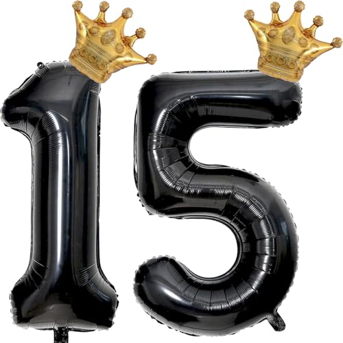 40 inch Large Black 15 Balloon Number with Gold Crown Balloons 15th Birthday Big Foil Mylar Helium Balloon for Boys Girls 15th Birthday Anniversary Decorations Supplies Favors(Number 15 Balloons