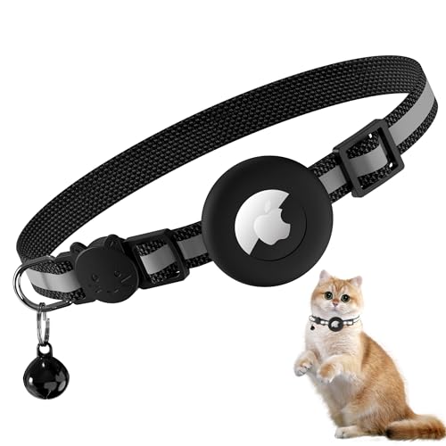 Wanme Collier Chat Airtag, Collier pour Chat Anti-étranglement avec Étuis Protection Airtag et Clochette, Convient aux Chats de Toutes, Taille Réglable, Noir Rayures