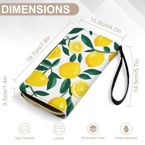 Waterproof Wallet for Women, PU Leather Long Clutch Travel Purse Yellow Lemon Large Capacity ID Card Holder with Zipper2
