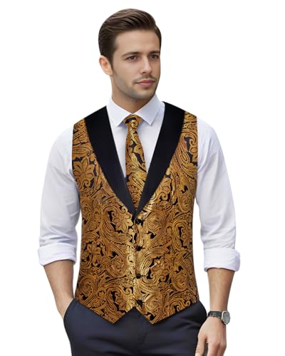 Image of DiBanGu Mens Paisley Suit Vest Silk Jacquard Waistcoat and Necktie Set Formal Shawl Collar Dress Vest 7PCS for Wedding Party