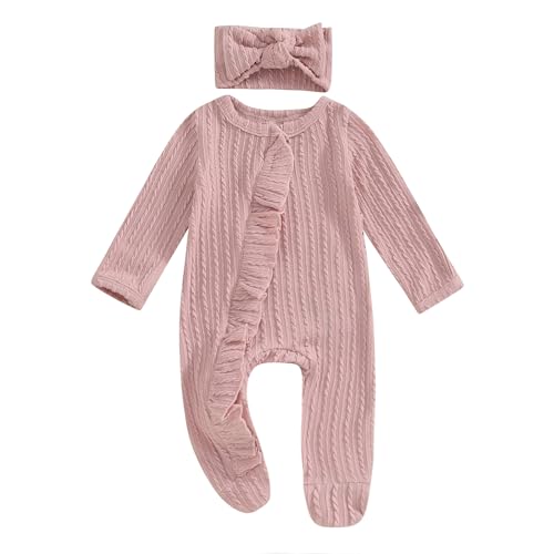 MoZiKQin Newborn Baby Girl Ruffle Romper Knit Sweater Footie Jumpsuit Long Sleeve Zipper Romper Cute Fall Winter Outfits