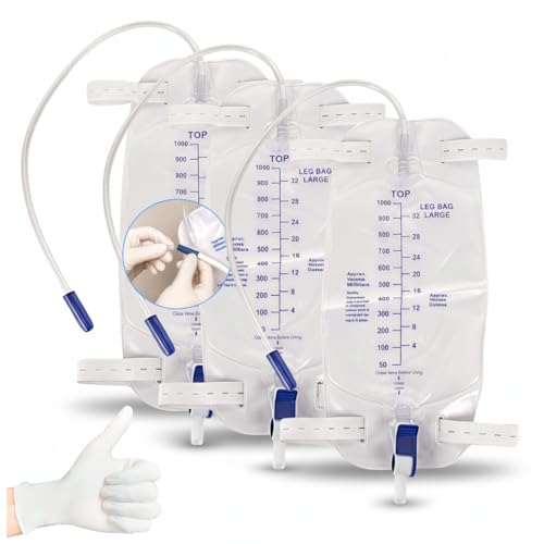 Leg Bag 1000mL/33.8oz Urinary Catheter for Men WomenFoley Catheter Leg Bag Anti-Reflux Valve Easy Flip Drain 18 Tubing Adjustable Leg Cloth Straps3-Pack with 3 Pairs Gloves (1/Bag)