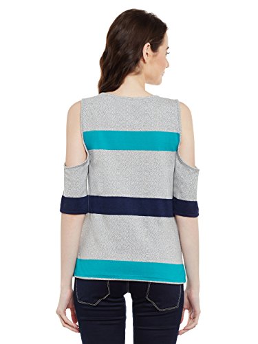 Image of Miss Chase Women's Multicoloured Round Neck Short Sleeves Striped Cold Shoulder Top
