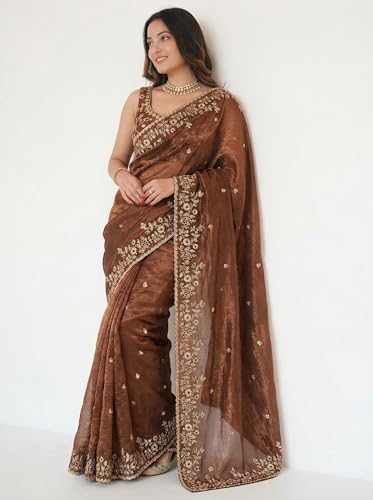 Image of ORHANS Women's Tissue Silk Ethnic Motifs Embroidered Tissue Heavy Work Saree with Embroidered With Unstitched Blouse Piece Blouse Piece | Beautiful Saree for Women | Traditional Indian Sari