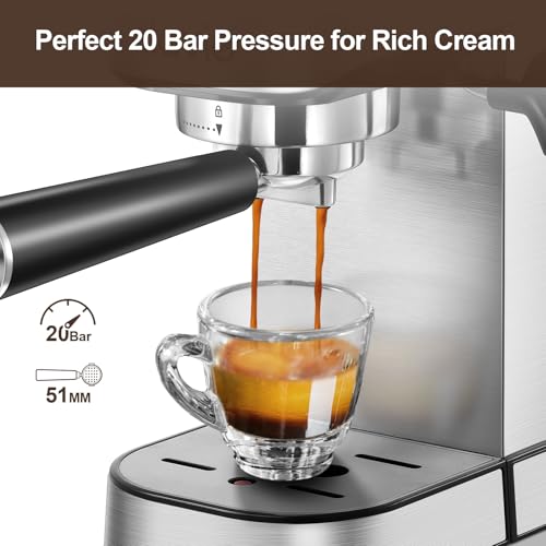 20Bar Espresso Machine, With Milk Frother Steam Wand, 1000ML Removable Water Tank, Ideal for Cappuccino, Latte and Espresso, for Home Use, Silver - Image 3