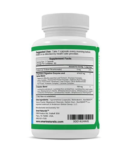 Smart Naturals Ibplus® Probiotic, Digestive Enzyme & Herbal Blend, Improved Formula-60 Capsules!! For Irritable Bowel - Abdominal Pain, Constipation, Diarrhea, Gas/Bloating –Proprietary Formula #TOP2
