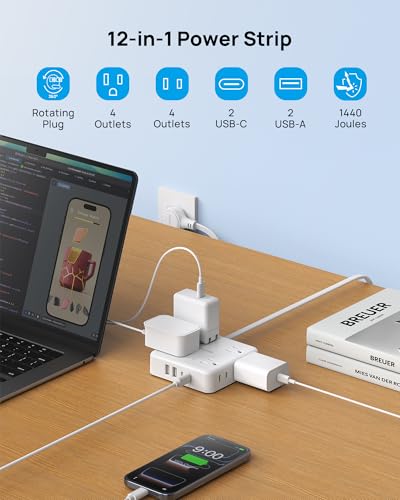 Image of TROND Power Strip, 360 Rotating Flat Plug, 8 Widely Spaced Outlets, 2U2C Ports, Flat Plug Extension Cord 3ft, 1440J Surge Protector, 1625W, White