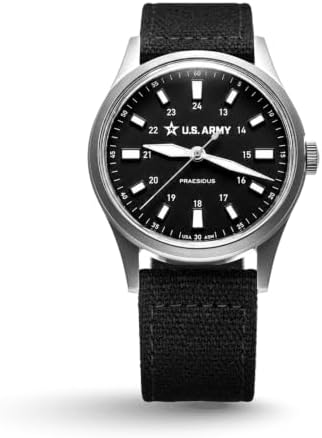 PRAESIDUS | US Army (Field) - Men's Wrist Watches, Watches for Men - Steel White Quartz, 38mm, Black Dial, White Accents, Black Canvas Strap - Gift, Military