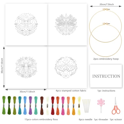 Image of INFUNLY 4 Sets DIY Insect Pattern Embroidery Kits for Starter 11.8 inchx11.8 inch Flowers Plants Embroidery Hoop kit Handmade Bees Embroidery Kits Moth Needlepoint Kit with Instruction for Adults Beginners