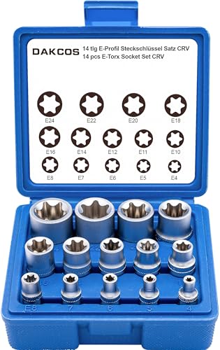 DAKCOS Juego de 14 llaves de vaso E-Torx Vaso de Torx hembra con puntas perfiladas E 1/4" 3/8" 1/2" E4, E5, E6, E7, E8, E10, E11, E12, E14, E16, E18, E20, E22, E24, CR-V