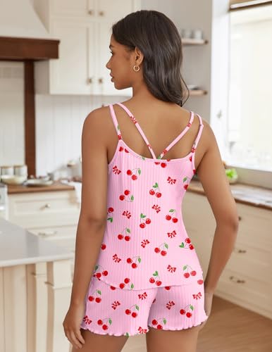 Image of Ekouaer Womens Cami Pajama Sets 2 Piece Ribbed Knit PJs Tank Top and Shorts Set Lingerie Sleepwear