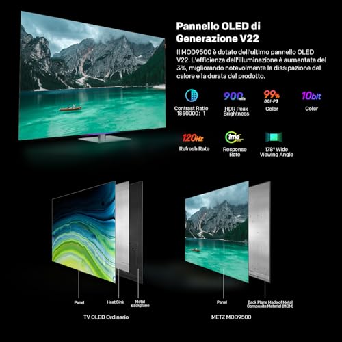 Metz MOD9500 Smart Tv 55 Oled Google Tv 4K 120Hz HDR10+ Dolby Vision Iq 6 Speakers 2.1 54W Dolby Atmos Base Girevole Voice Control DVB-T2-S2-C Hdmi Ci+ Nero - 2