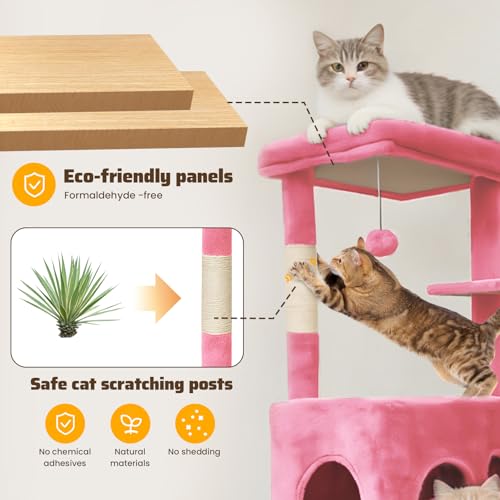 FURFAST Large Cat Tree Tower, 50 Inch Multi-Level Tower Cat Tree for Indoor Cats Large Adult, Cat Tower with Scratching Post, with Climbing Ladder, 2 Cat Caves Bed Cave, Cat Toys, Cat Houses,Pink — view 6