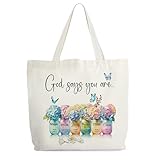 Inspirational Christian Canvas Tote for Women - God Says You Are Unique Bible Verse Religious Gift, Floral Library Book Shoulder Bag for Friends Colleagues