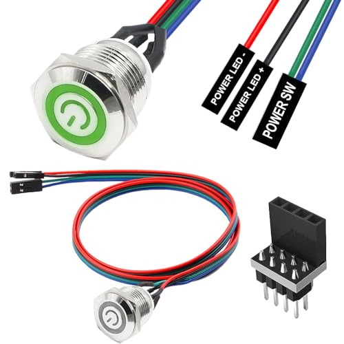 DKARDU 16mm Chassis Metal Button Cable, Computer Host Power Button, PC Case LED ATX Supply On/Off Extension Cord for DIY Computer, With 1 to 2 Splitters (Green)