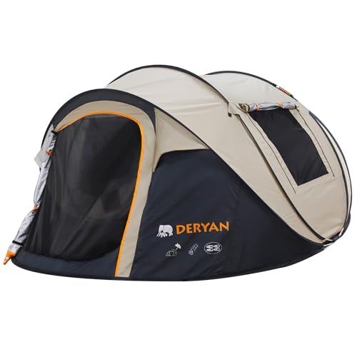 DERYAN Tienda de campaña desplegable para 4 personas – impermeable hasta 2000 mm con costuras selladas y lona extra gruesa – montada y plegada en 2 segundos – con estacas – arena