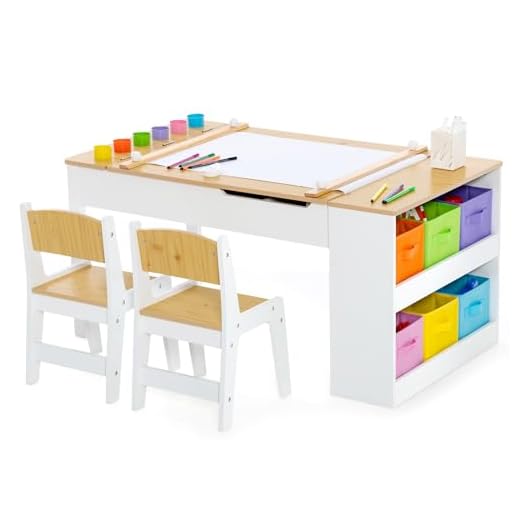 Costzon 2 in 1 Kids Table and Chair Set, Wood Art Table & Easel Set with 2 Chairs, 6 Storage Bins, Paper Roller, Paint Cups for Draw, Write, Play, Arts & Crafts, Toddler Table and Chair Set (Natural)