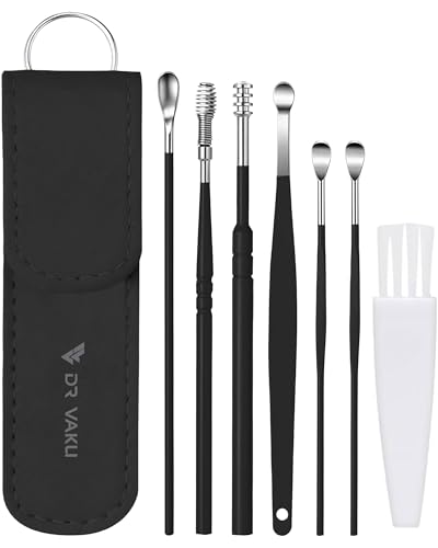 Image of Dr Vaku Reusable EarWax Removal Cleaning Tool Kit (Set of 7) Stainless Steel With Storage Case Ear Pick Scoop Curette Cleaner And Spring Buds Safe Easy & Hygienic- Black