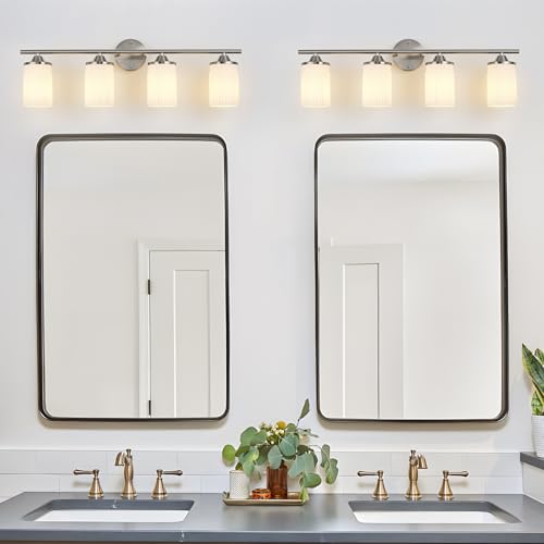 Image of Jonsi Nickel Bathroom Light Fixtures 4-Light Vanity Lights Modern Wall Sconce with Milk White Shade Brushed Nickel Bathroom Light Fixture Over Mirror for Bedroom Hallway Kitchen
