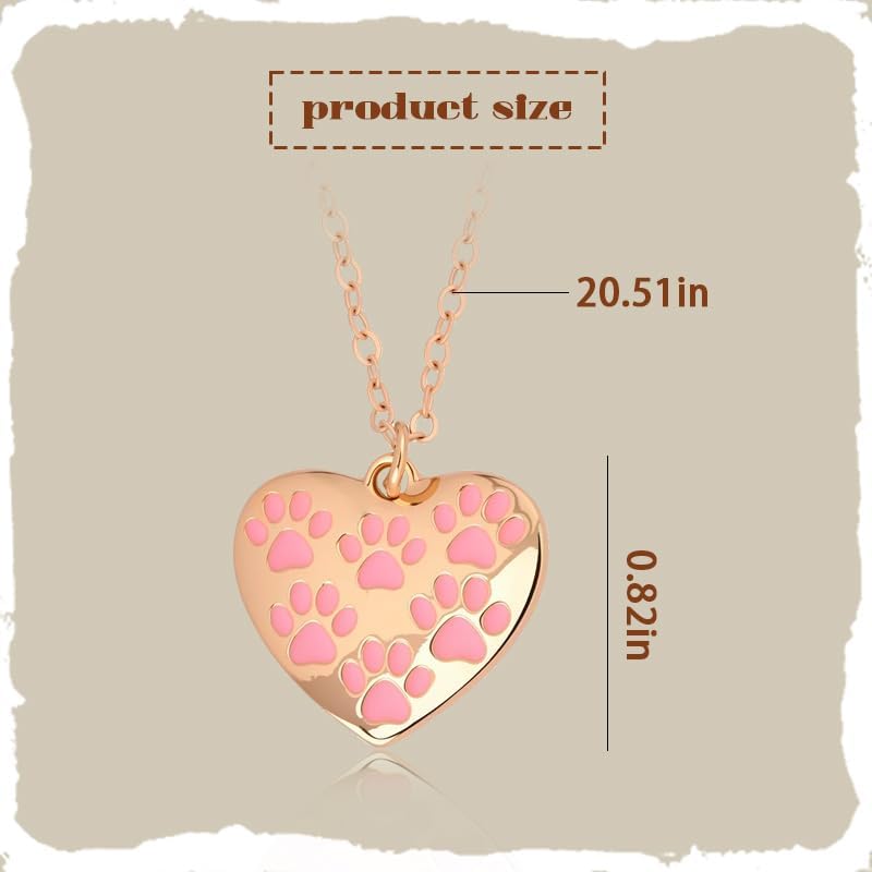 Heart-Shaped Paw Print Necklace Pink Gold Dog Cat Paw Pendant Necklace Puppy Dog Cat Mom Gifts for Women Pet Lovers Owners Rescuer Veterinarian Gifts for Birthday Christmas Animal Themed Party Favors - Image 2