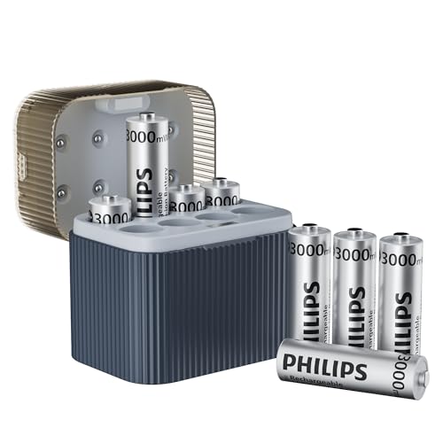 Philips Rechargeable Lithium AA Batteries with Fast Charger 8 Pack 1.5V 3000mWh High Capacity AA Batteries Constant Output Li-ion Double a Batteries Cycle Times up to 1200x
