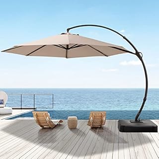 LAUSAINT HOME Outdoor Patio Umbrellas 11FT Upgraded Curvy Aluminum Offset Umbrella, Patio Cantilever Umbrella with Base, 360° Rotation with Unique Pedal Design for Market Garden Deck Pool Backyard (Beige, 11FT)