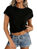 Eniloyal T-Shirt Damen Cropped Shirt Tshirt Kurzarm Crop Tops Bauchfreies Sport Oberteile Elegant T Shirt Sommer Locker Schwarz