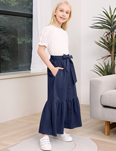 Image of Maxi Skorts Skirt for Girls Button Front High Waisted Long Skirt with Belt Ruffled Skirts with Pocket 3-12Years